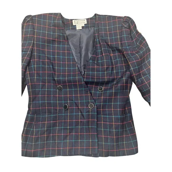 Atrium Collection Womens Plaid Blazer 7/8 Double-Breasted Rayon & Polyester Navy - Picture 3 of 7